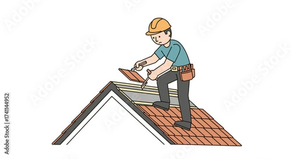 Obraz A construction worker, wearing a hard hat, carefully places roof tiles on a house, illustrating home improvement and residential construction against a white background.