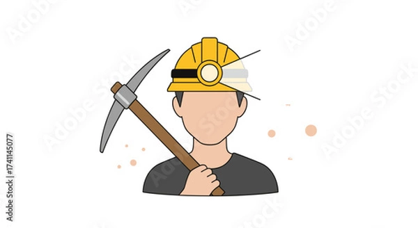 Obraz An illustration of a miner wearing a hard hat with a headlamp, holding a pickaxe, representing the mining industry and concept of labor.
