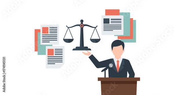 Obraz A vector illustration depicts a lawyer presenting legal documents with scales of justice symbolizing fairness and law enforcement in a professional courtroom setting.