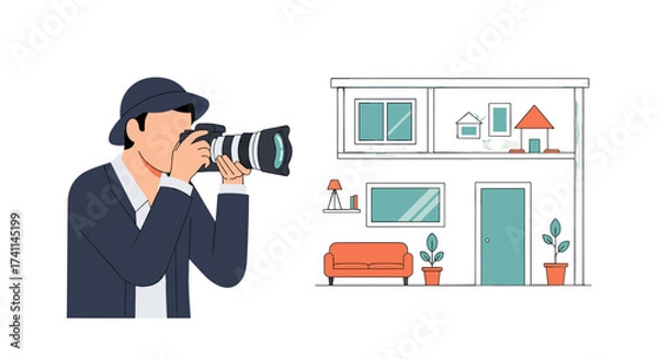 Obraz An illustrated photographer, wearing a hat, captures an image of a modern house interior, showcasing the concept of real estate, property, and homeownership.