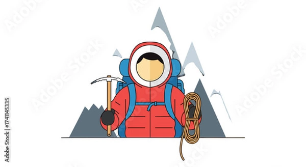 Obraz An illustrated climber, clad in a red jacket and backpack, prepares to scale a mountain with an ice axe and rope, set against a minimalist mountain range.