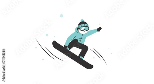 Obraz An illustration showcases a person snowboarding, enjoying a winter sport with a modern design style, featuring a clean white background and subtle snowflakes.