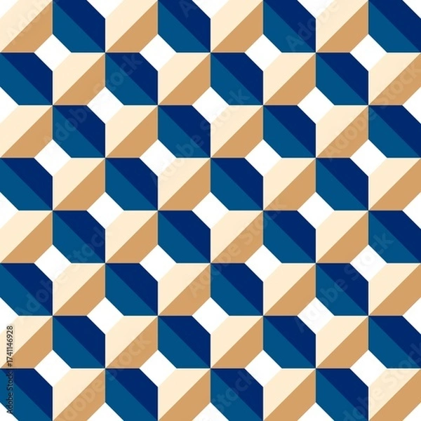 Obraz Seamless Geometric 3D Cube Pattern in Blue and Beige