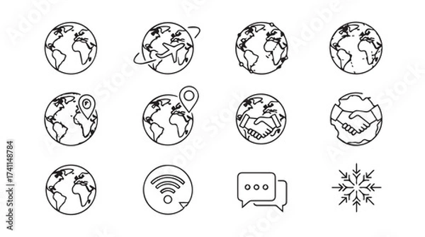 Fototapeta Set of stylized globe icons with map pin wifi and chat bubbles for global communication concepts vector