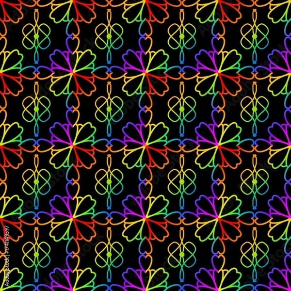 Obraz Seamless Rainbow Geometric Pattern with Floral and Heart Shapes