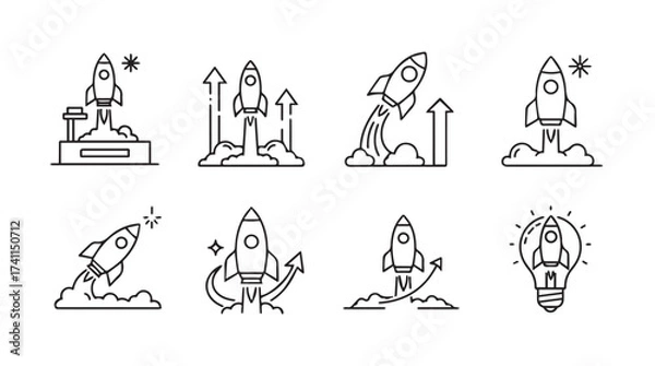 Fototapeta Set of hand drawn rocket ship launch icons representing space travel and innovation concepts vector