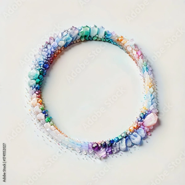 Fototapeta Circular Frame of Scattered Colorful Crystals on a Light Textured Background
