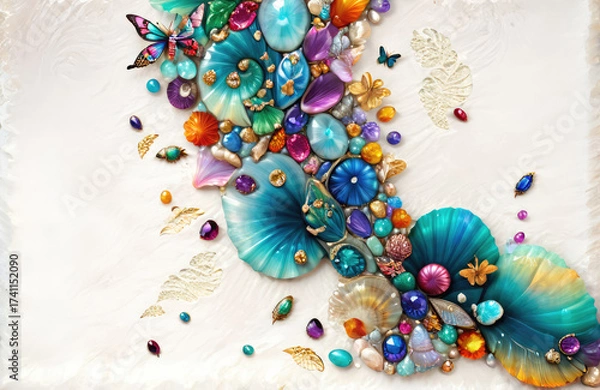 Fototapeta Swirling Composition of Colorful Shells, Gems, and Butterflies on White