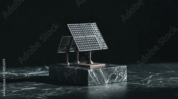 Fototapeta Miniature solar panels on a dark marble base displaying innovative renewable energy concepts in a sleek, modern environment for eco-friendly imagery.