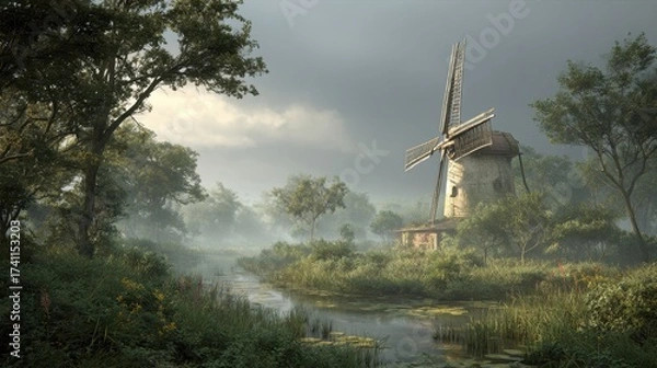 Fototapeta Tranquil Landscape Featuring a Vintage Windmill Surrounded by Lush Greenery and a Serene Waterway Under a Misty Sky at Dawn