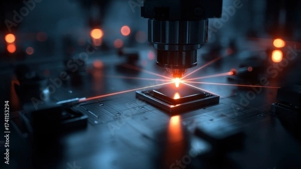 Fototapeta Precision Laser Technology for Microchip Production: A Close-Up of Laser Engraving Process with a Focus on Circuit Board in a High-Tech Environment