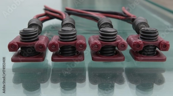 Fototapeta Close-Up View of Electrical Connectors with Red and Black Wires Arranged Neatly on a Glass Surface Showcasing Industrial Design and Precision Engineering