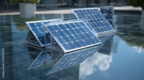 Fototapeta Solar panels reflect sunlight on a tranquil surface, showcasing renewable energy technology and modern design in a clean and eco-friendly environment.