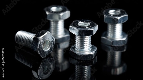 Fototapeta Close-Up of Metallic Nuts and Bolts with Reflective Surface on Black Background Displaying Industrial Hardware and Fasteners for Mechanical Applications