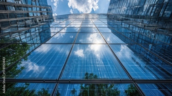 Fototapeta Stunning Reflections of a Modern Skyscraper Under a Blue Sky with White Clouds Captured from Ground Level in an Urban Environment featuring Glass Architecture