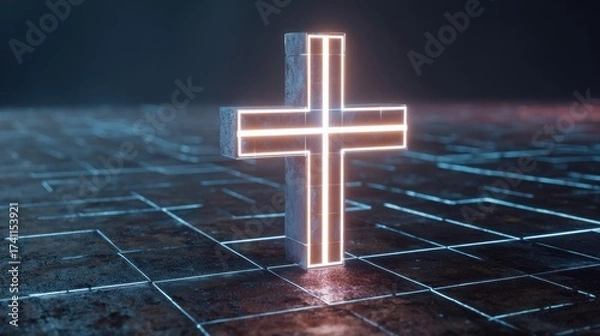 Fototapeta Illuminated Cross on a Dark Background, Symbolizing Faith and Spirituality in a Modern Digital Art Style with Neon Effects and Artistic Presentation