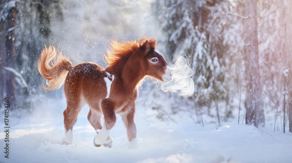 Fototapeta A small foal with a red mane and tail plays in the winter forest. A small horse with a snoring and a thump walks through the winter forest. A pony or a small foal in the middle of a snowy landscape