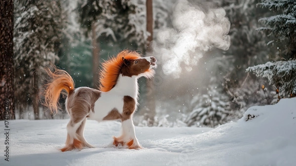 Fototapeta A small foal with a red mane and tail plays in the winter forest. A small horse with a snoring and a thump walks through the winter forest. A pony or a small foal in the middle of a snowy landscape