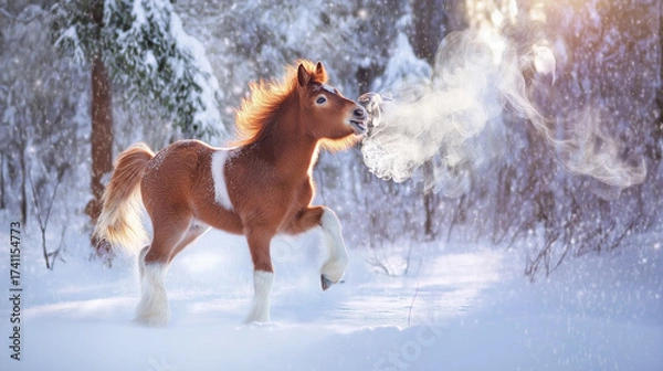 Fototapeta A small foal with a red mane and tail plays in the winter forest. A small horse with a snoring and a thump walks through the winter forest. A pony or a small foal in the middle of a snowy landscape