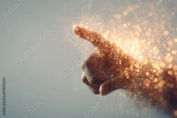 Fototapeta Asian hand pointing with glowing golden particles floating in air, studio shot, magical and futuristic atmosphere, creative concept, close up, soft lighting, imaginative energy