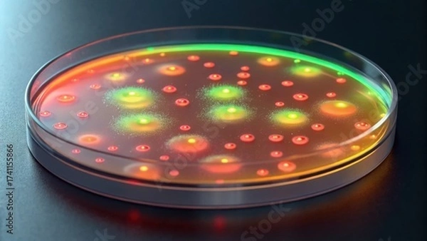 Fototapeta Glowing Biotech Culture in Petri Dish with Vibrant Colors and Patterns
