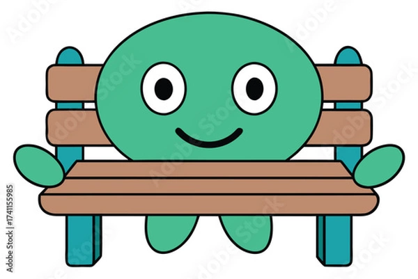 Fototapeta Vector art of a cheerful green cartoon character sitting on a wooden bench, , radiating happiness and relaxation in a whimsical design
