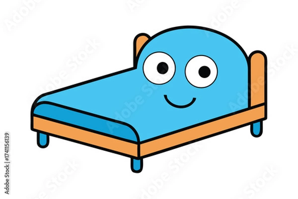 Fototapeta Vector art of a cheerful cartoon bed with a friendly face, , invites restful sleep and sweet dreams in a whimsical illustration for childrens decor