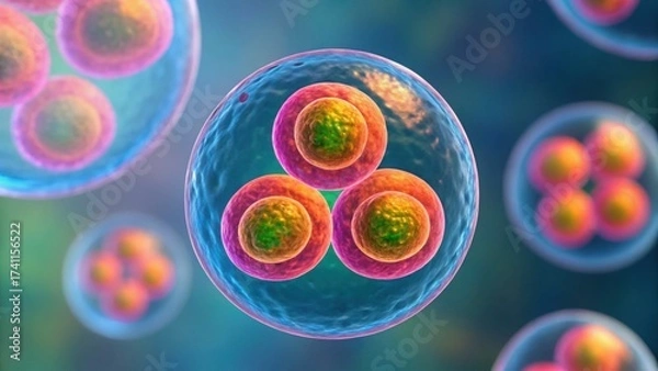 Fototapeta Cellular Division Under Microscope with Vibrant Color Details