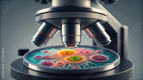 Fototapeta Advanced Microscope Focused on Cell Culture Slide in Lab Environment