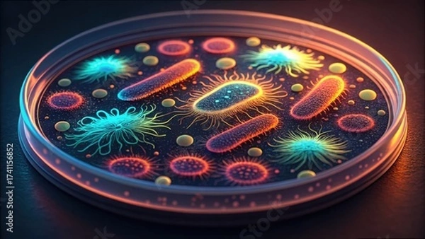 Fototapeta Colorful Bacteria Forming Intricate Patterns in Laboratory Petri Dish