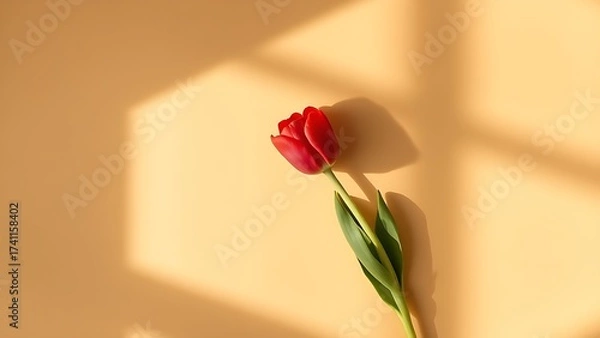 Fototapeta Single red tulip on a warm beige surface, arranged in a minimalist top-down composition.