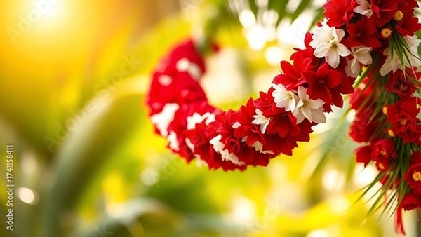 Fototapeta Vibrant red and white orchids in sleek glass vase, soft bokeh of city skyline lights, warm ambient glow.