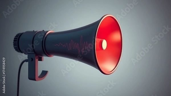 Fototapeta Vintage megaphone with abstract sound wave visualization in a 3D render style.