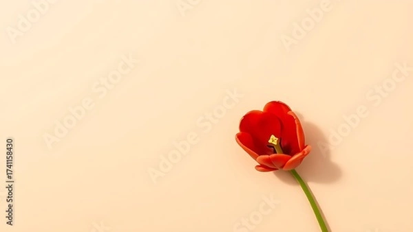 Obraz A single red tulip in full bloom against a neutral backdrop, creating a minimalist floral composition.