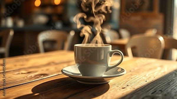 Fototapeta Steaming coffee cup on a rustic wooden table, bathed in warm morning light with soft bokeh.