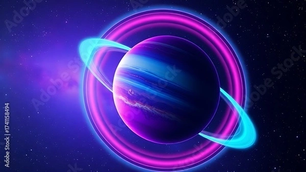 Obraz A colorful planet with glowing rings floating in deep space, evoking cosmic wonder and mystery.