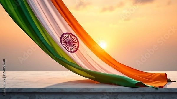 Fototapeta A saffron, white, and green silk flag draped elegantly, illuminated by golden sun rays for Independence Day.