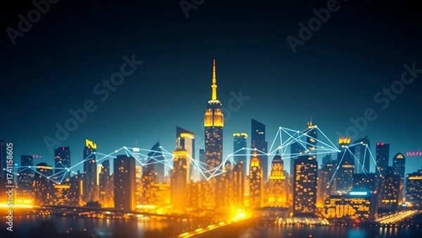 Fototapeta Abstract cityscape with glowing blue and gold connection lines against a gradient backdrop.