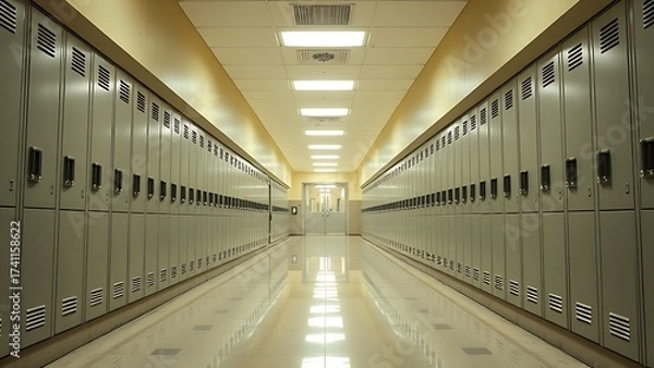 Fototapeta Empty school hallway with symmetrical metal lockers, leading to a vanishing point under soft fluorescent light.