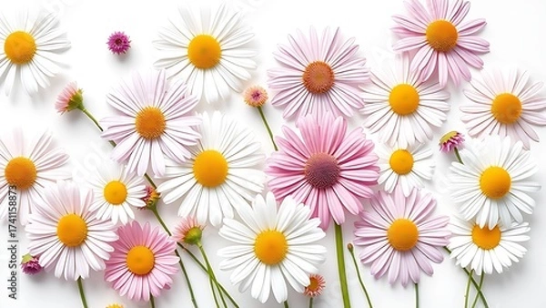 Fototapeta Collection of daisy flowers arranged on a white background, bathed in natural daylight.