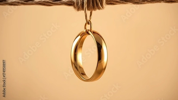 Fototapeta Golden wedding rings suspended on jute rope, elegant close-up with soft lighting enhancing their shine.