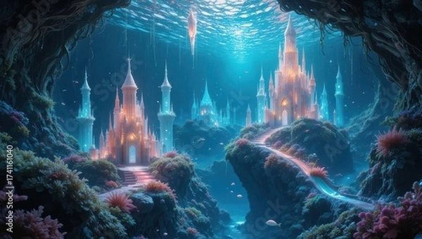 Obraz Underwater Fantasy Landscape with Illuminated Castles and Vibrant Coral in a Mystical Cave