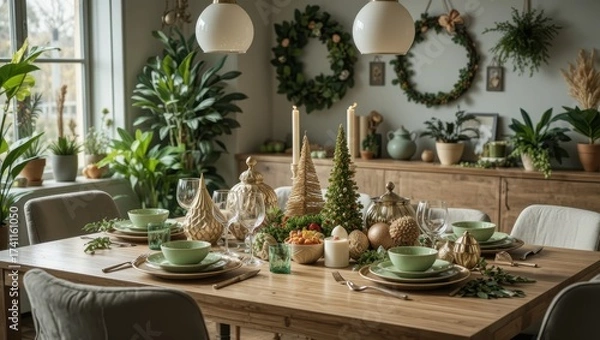 Obraz Elegant Dining Table Decorated for the Holiday Season with Greenery and Ornamental Accents