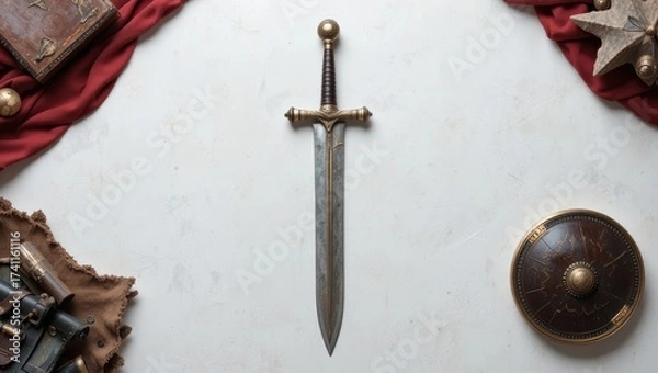 Obraz Ornate Medieval Sword With Intricate Design Surrounded By Artifacts On A Neutral Background