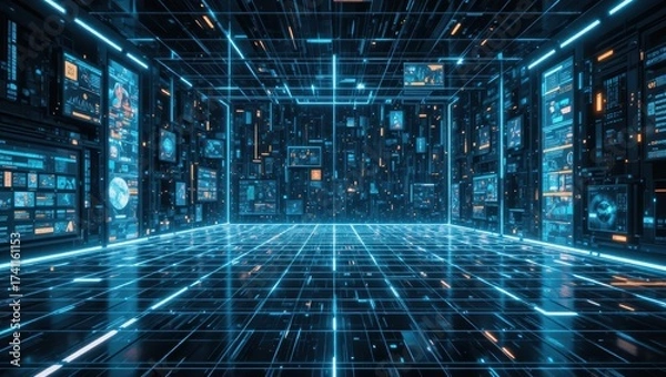 Obraz Futuristic Digital Environment With Neon Lights and Grid Patterns in a 3D Space