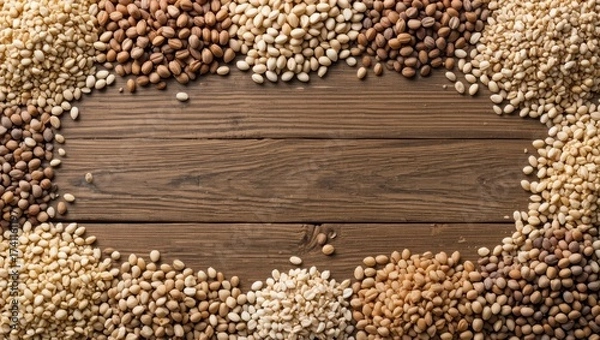 Obraz Variety of Grains and Seeds Arranged on Rustic Wooden Background with Earthy Tones
