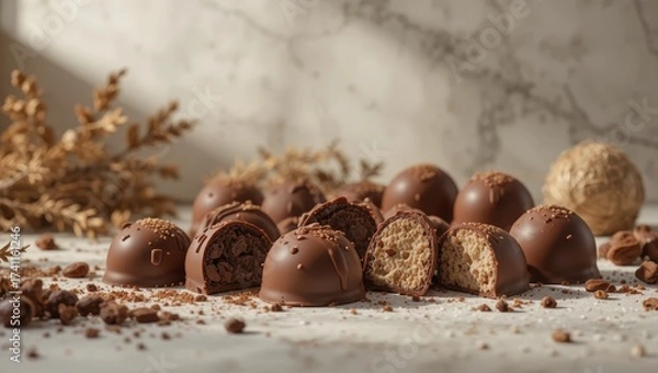 Obraz Assorted Chocolate Bonbons on a Marble Surface Surrounded by Decorative Foliage and Nuts