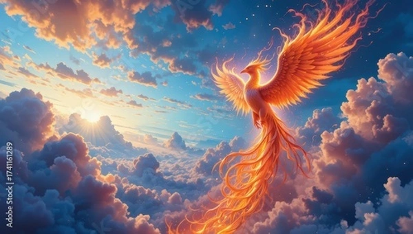Obraz Majestic Phoenix Rising from Fiery Clouds at Sunset in a Colorful Sky