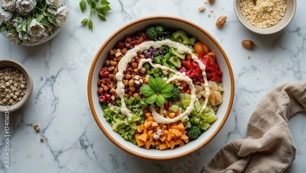 Obraz Vibrant Bowl of Healthy Salad with Fresh Vegetables and Creamy Dressing on Marble Table