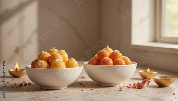 Obraz Traditional Golden Sweets Served in Bowls with Decorative Candles on a Marble Table